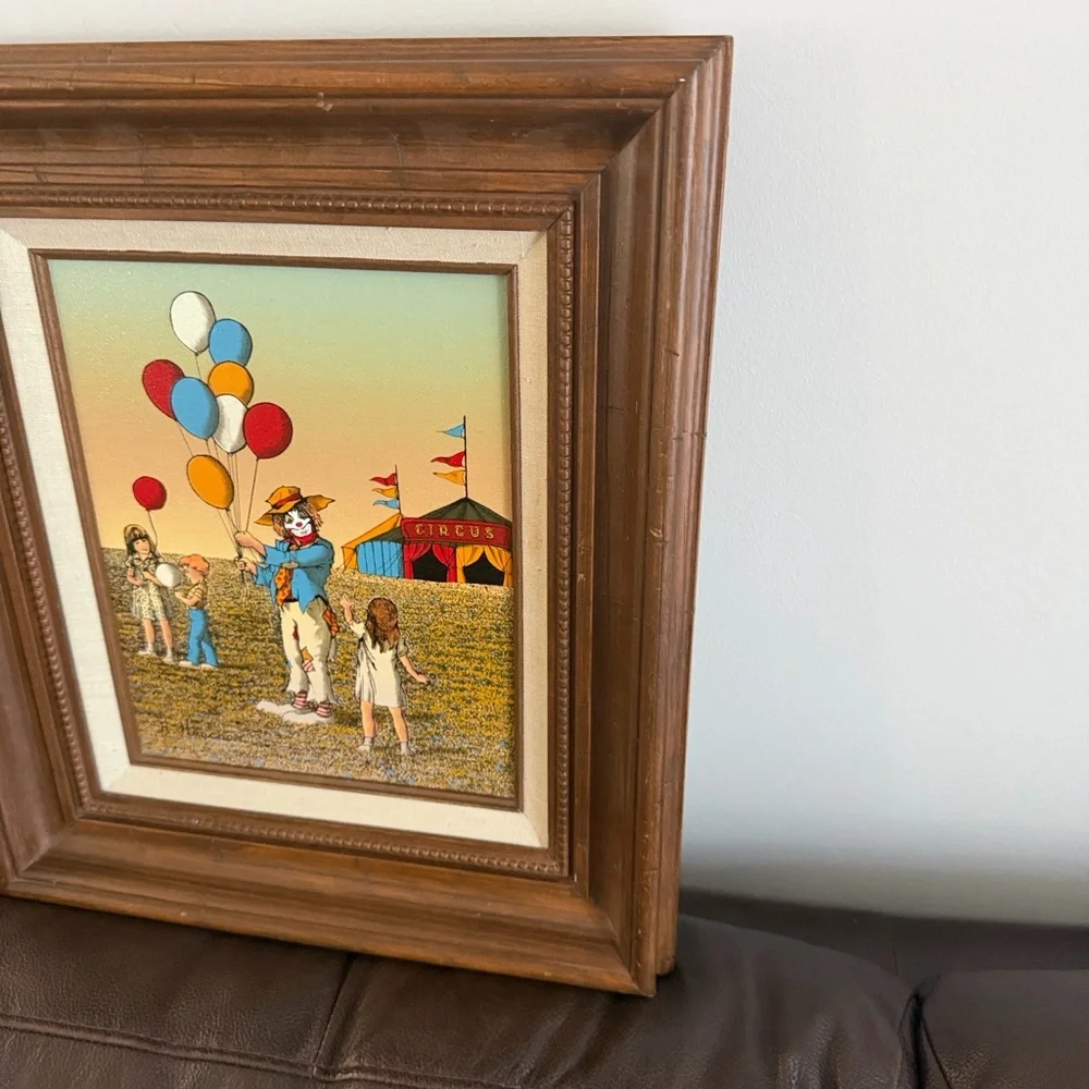 H. Hargrove Signed Oil Painting Circus Clown Balloons & Kids 8 X 10 Frame